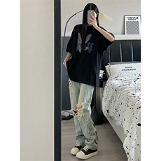 B221美式ins高街暗黑系小众拉链直筒牛仔裤LK23073-P65控88，男装牛仔裤，电商B221
