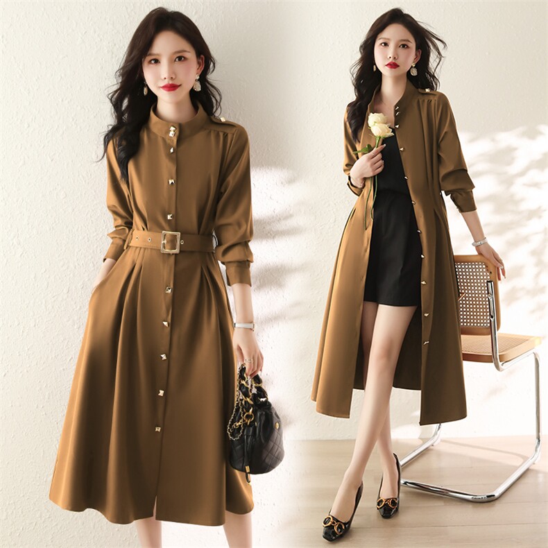 现货新款气质长袖连衣裙女2025秋新款系带收腰中长款风衣裙送腰带，女装风衣，韩美纤衣