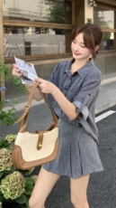 盐系轻熟灰色衬衫半身裙套装女夏巨好看大方得体流行两件套爆款，女装套装/套裙，2D148