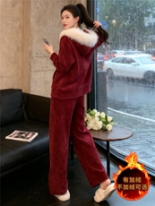 女秋冬新款时尚休闲套装宽松显瘦短款连帽毛领外套阔腿长裤两件套，女装套装/套裙，江南
