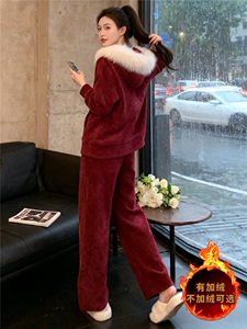 女秋冬新款时尚休闲套装宽松显瘦短款连帽毛领外套阔腿长裤两件套图片
