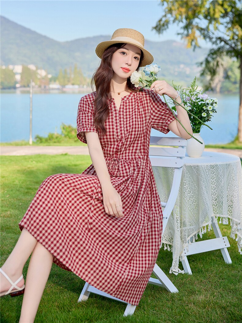 6307时尚V领格纹显瘦连衣裙,女装连衣裙,倪叶myz