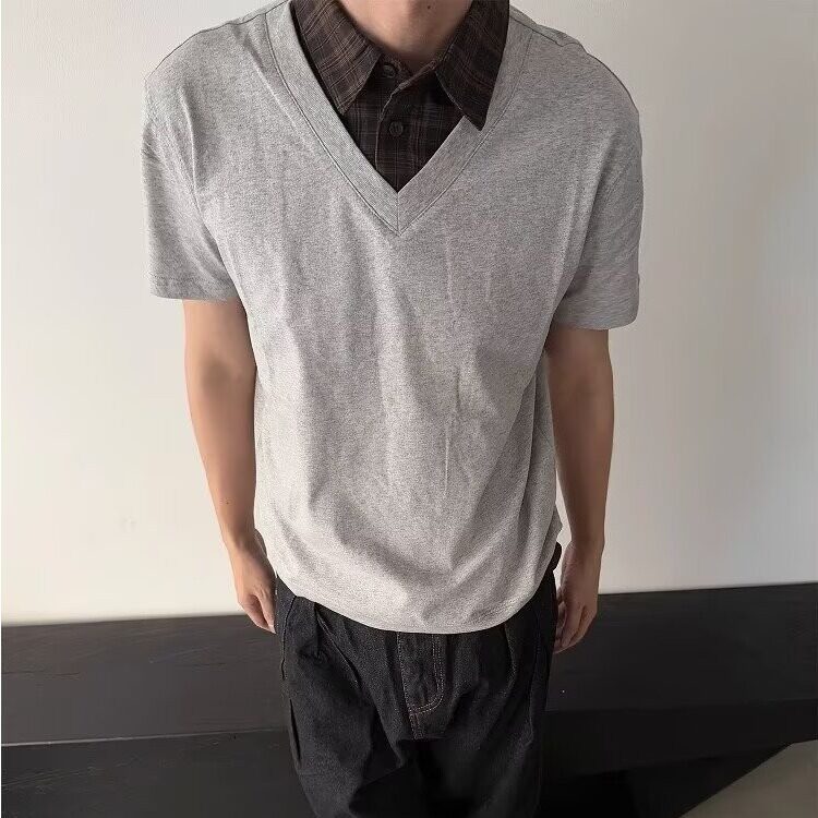 灰色假两件衬衫领格子短袖T恤男款夏季拼接格纹体恤美式复古半袖,男装T恤,星座506A