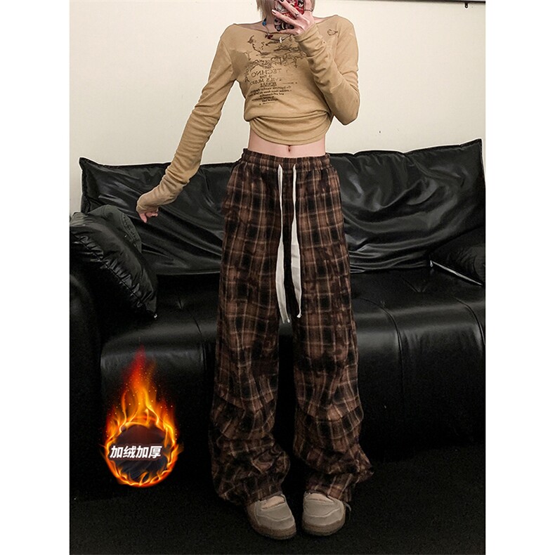 男女同款百搭新款加绒加厚潮流格子宽松休闲裤HY640JRTP45图片