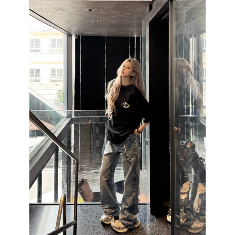 美式复古3D数码印花链条图案牛仔直筒裤男女街头休闲长裤,男装牛仔裤,星座410-6（原星座1304-1）