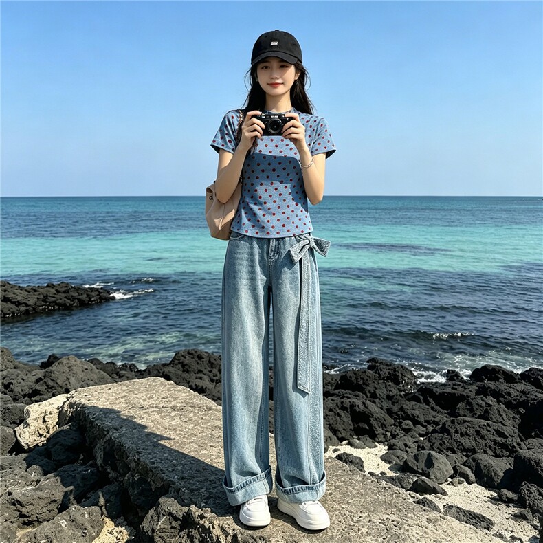 女夏季新款时尚休闲套装蓝色波点上衣烫钻阔腿牛仔长裤两件套显瘦,女装套装/套裙,江南
