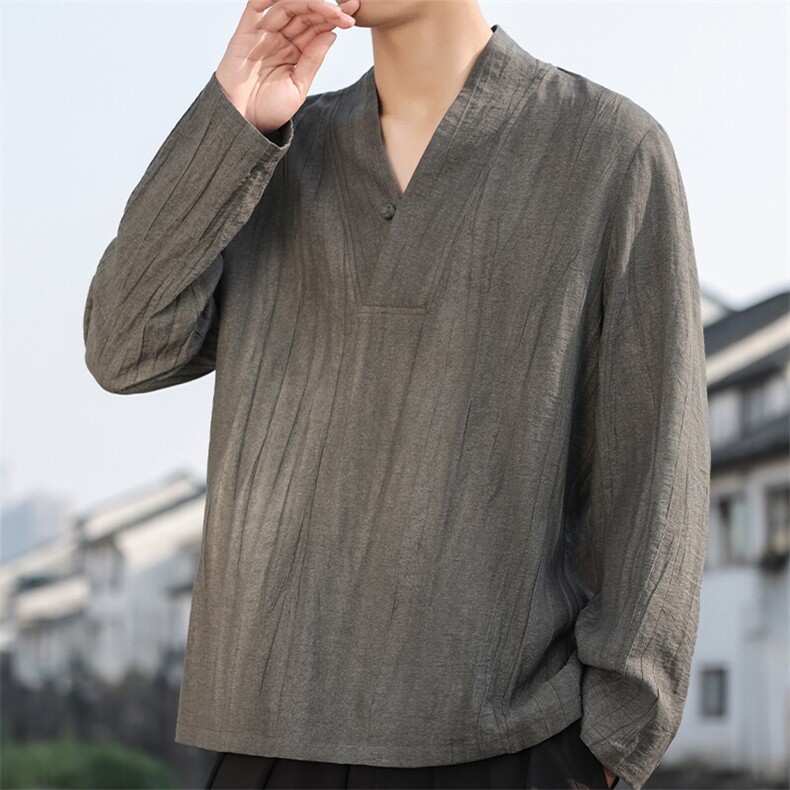 2025春夏棉麻男装新中式V领盘扣衬衫唐装风亚麻衬衣C176-P65,男装衬衫,电商B277(原6028)