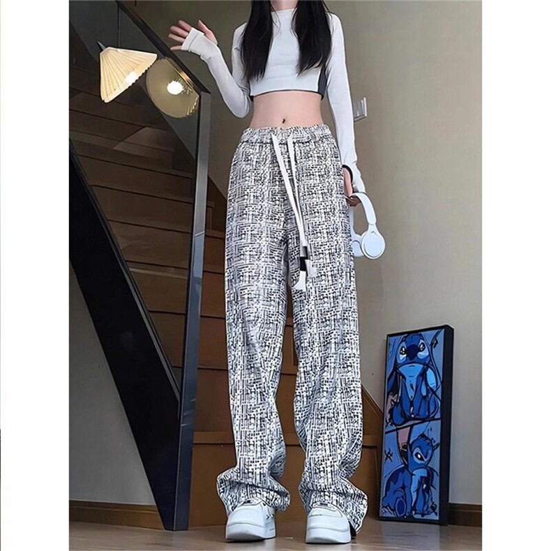 黑白格子小香风裤子男女秋季美式复古灯芯绒脏脏裤宽松大码阔腿裤图片