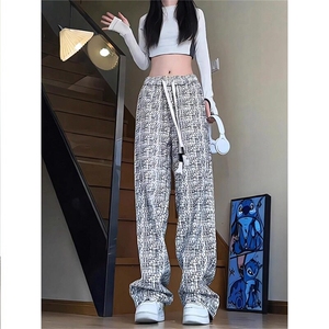 黑白格子小香风裤子男女秋季美式复古灯芯绒脏脏裤宽松大码阔腿裤图片