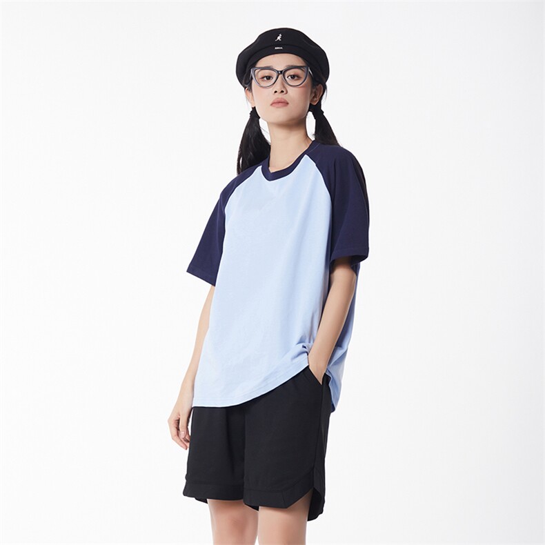 夏季主推拼接落肩港风大码宽松情侣休闲学生班服T恤圆领重磅240克图片