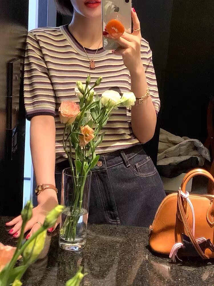 时尚蓝莓紫条纹短袖精纺仿羊毛针织衫显瘦百搭女款上衣,针织衫/毛衣,雪真羊绒