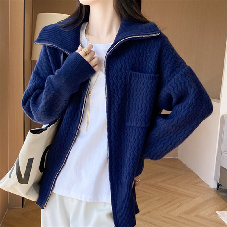 秋冬翻领羊绒开衫女高领双拉链毛衣外套加厚针织宽松羊毛衫外搭，女装羊毛衫，盛鼎羊绒