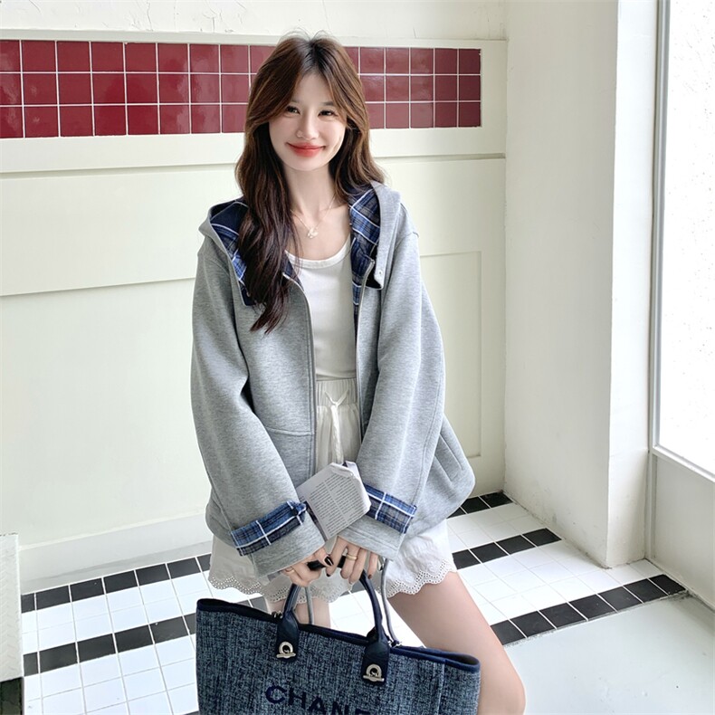 【秋装新品】格纹拼接连帽卫衣2C105-Q502-P165-k238,女装卫衣/绒衫,2C105