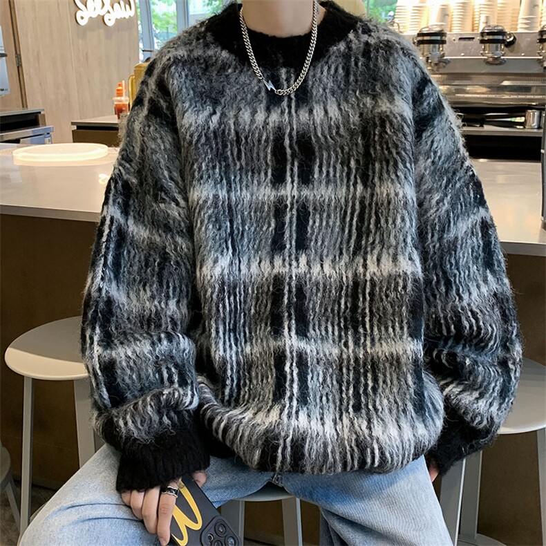 秋款男毛衣圆领套头针织衫鹿毛绒条纹拼色打底外套M228P50,男装针织衫/毛衣,星座1013-1