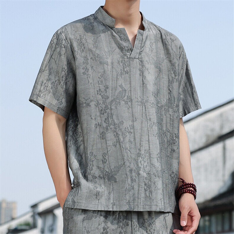 2025春季新款风男装新中式唐装盘扣天丝提花短袖T恤C99-P65,男装T恤,电商B277(原6028)
