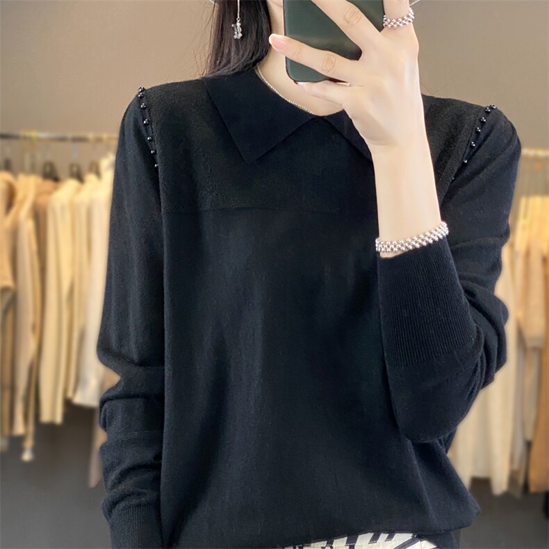 时尚减龄POLO领长袖纯色上衣女法式钉珠翻领套头打底针织衫毛衣潮图片