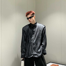 2025春潮牌设计感衬衫男士翻领条纹时尚简约痞帅宽松黑色衬衣外套，男装衬衫，星座506A