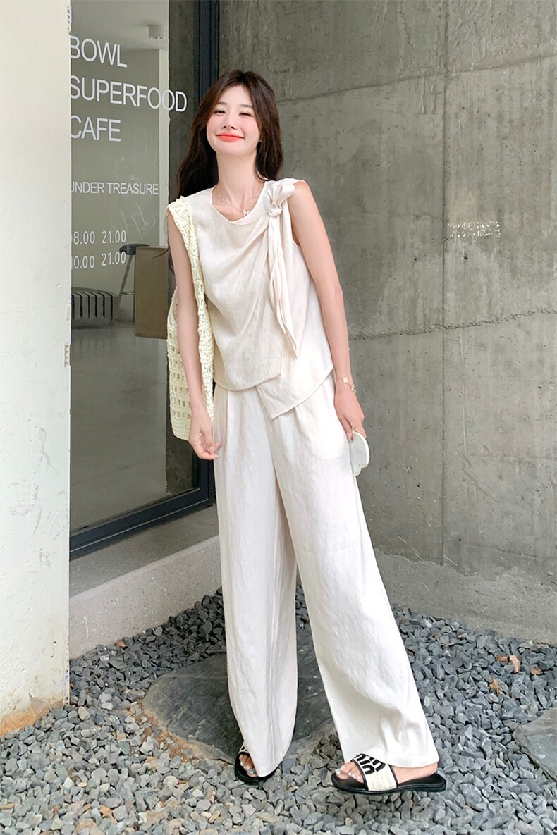韩系蝴蝶结绑带背心女夏季新款高级感无袖上衣高腰阔腿长裤两件套,女装套装/套裙,1D066-1