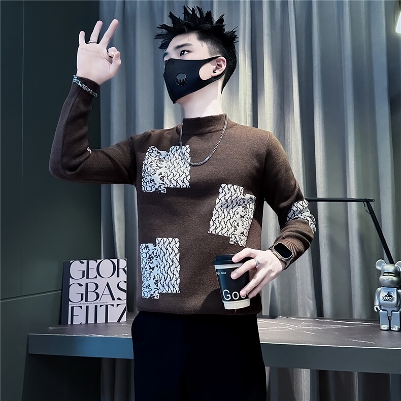 高级感撞色方块提花毛衣男社会小伙店主风301C-M104-P78控108图片