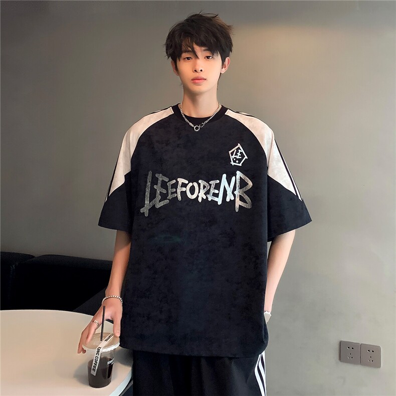 撞色拼接印花美式复古街头休闲高级百搭短袖插肩袖T恤T24-P35,男装T恤,电商C307