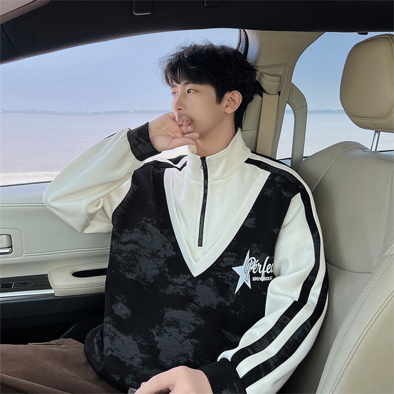 毛毯风脏脏布半拉链卫衣假两件2026秋季宽松A436-109-P5888,男装卫衣,电商A436