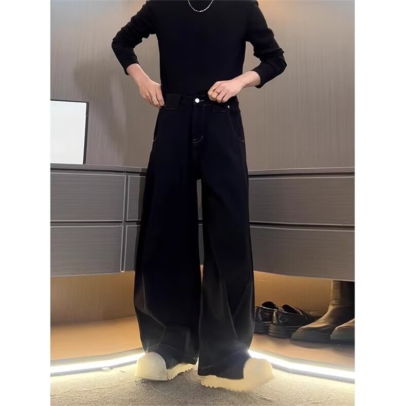 黑色弯刀牛仔裤男夏季美式高街水洗直筒裤子潮牌百搭阔腿长裤男潮图片
