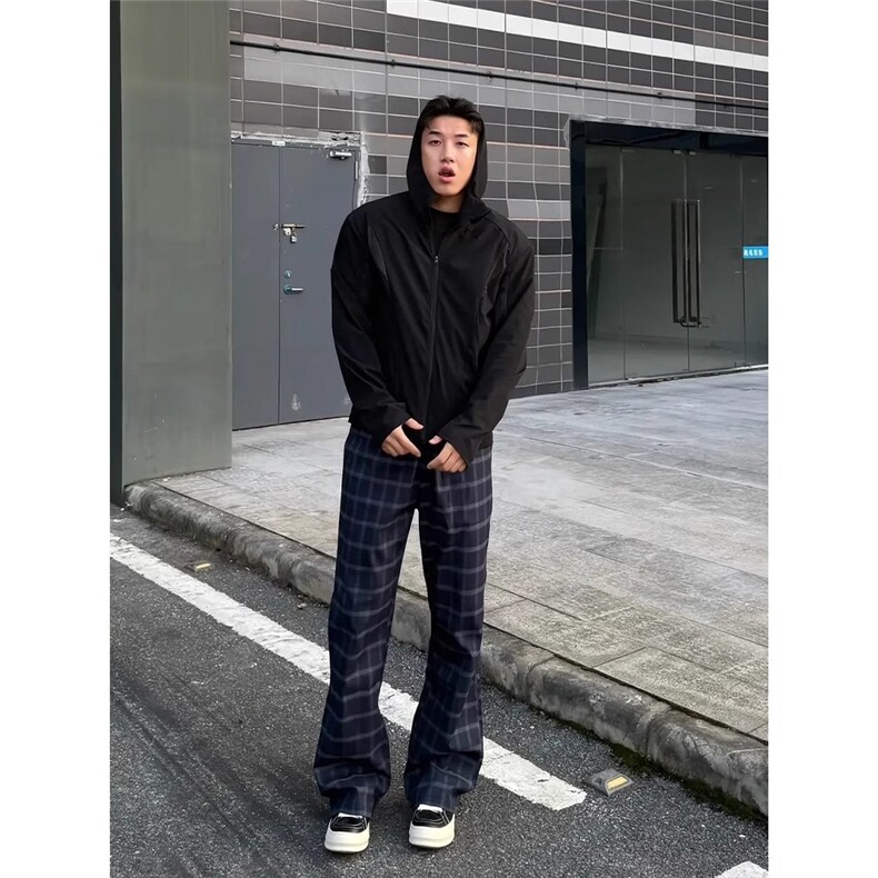 慵懒风格子裤男夏季薄款美式高街微喇裤子窄版弯刀直筒裤,男装休闲裤,星座506A