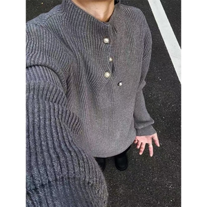 有货~杏色套头高领针织毛衣秋冬慵懒风纽扣设计高级感 MY553特P58图片