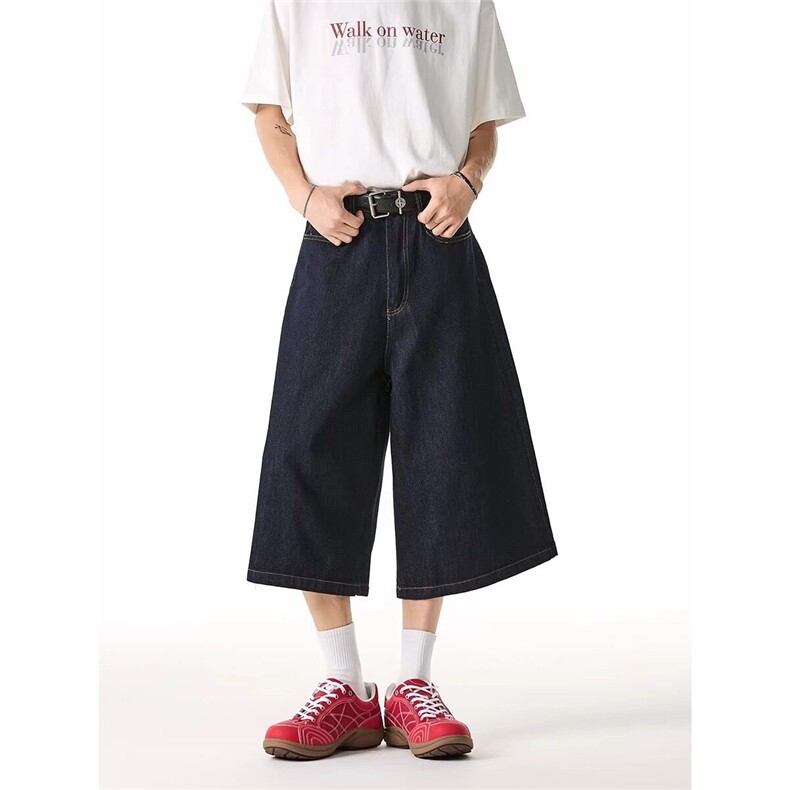 美式字母印花牛仔七分裤男款夏季潮流高街小众质感宽松阔腿短裤子,男装牛仔裤,星座715-4