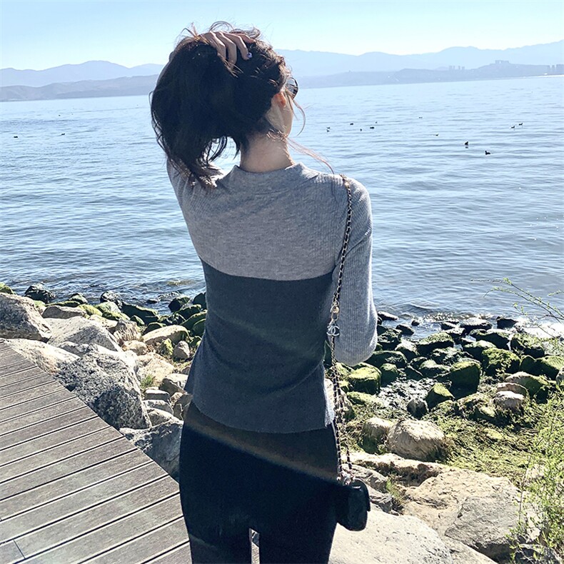 2025春秋季新款纯欲镂空蝴蝶结显瘦长袖针织衫撞色拼接假两件上衣,针织衫/毛衣,1D091-1