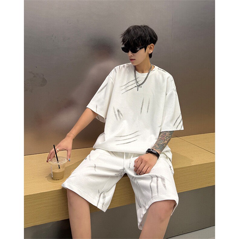 高品质猫爪布美式机车拉链套装夏季新款设计短袖短裤套装特P70图片