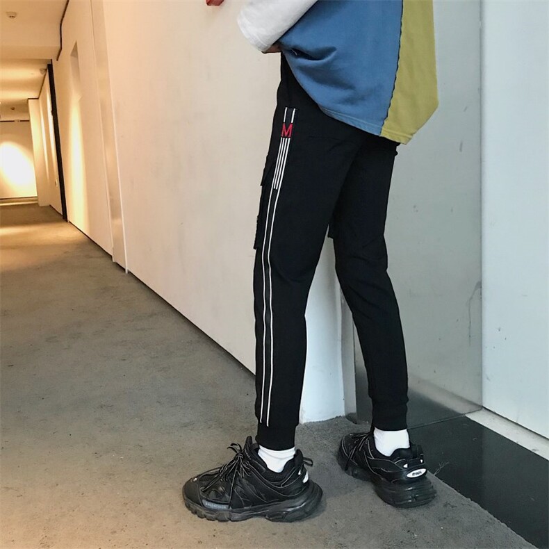 2021社会小伙弹力修身小脚裤织带黑色休闲长裤子男864/P50,男装休闲裤,星座1506-1