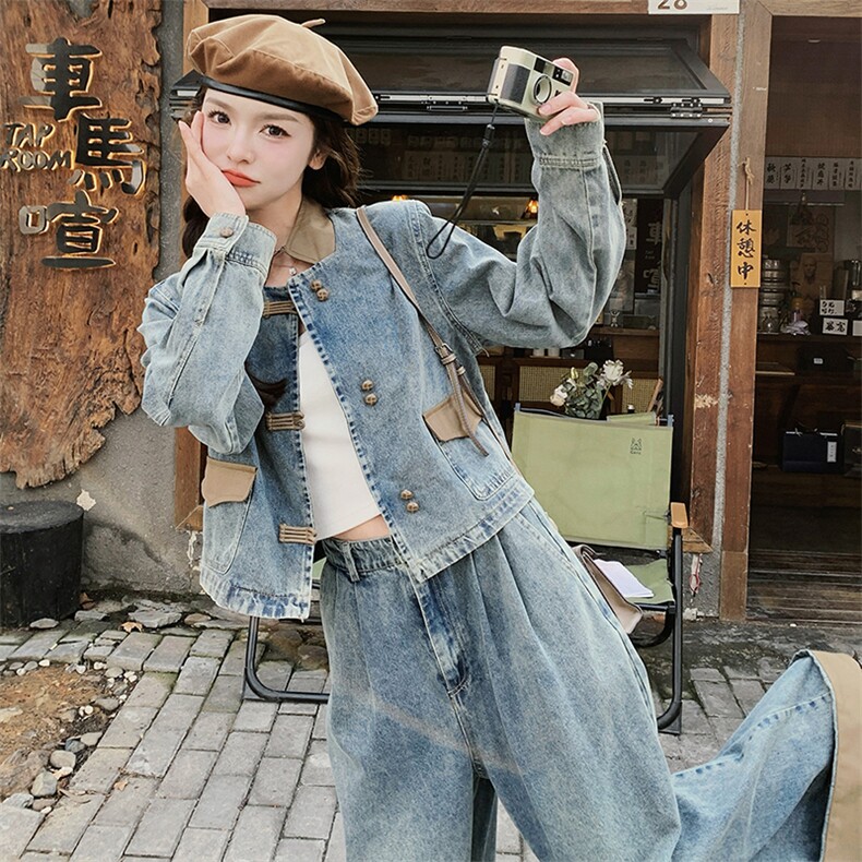 新中式国风穿搭牛仔套装女春夏秋超火好看高级感外套阔腿裤两件套,女装套装/套裙,浙宝305