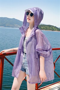 2024夏季轻薄透气连帽防晒衣女大版宽松拉链薄外套防晒开衫中长款,女装防晒衣,可可小西