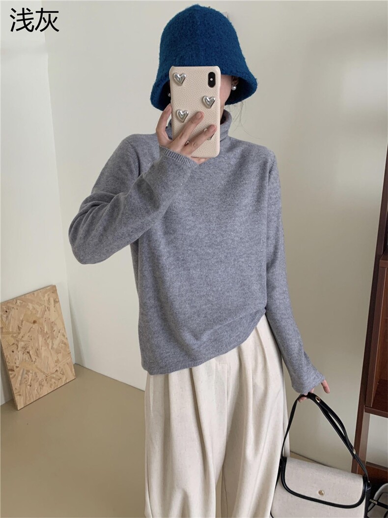 时尚堆堆领珠片纱打底衫女秋冬新款保暖长袖针织衫宽松显瘦毛衣,针织衫/毛衣,牧思羊