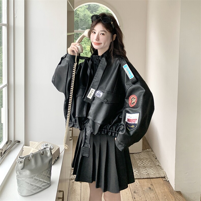 贴标黑色工装皮衣外套女春秋2025新款短款小个子pu皮夹克美式韩系,女装短外套,2C201