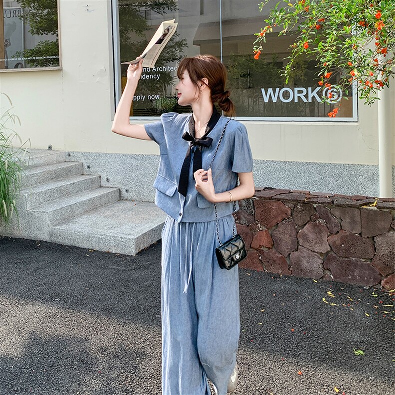 撞蓝色蝴蝶结小香风套装2025新款女初夏法式高级感大方得体两件套,女装套装/套裙,2C159