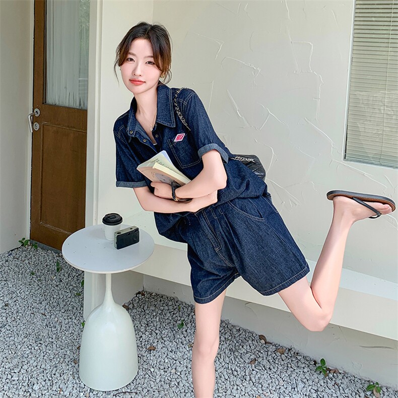 薄款牛仔衬衫短裤两件套装女夏显瘦遮肉美式小个子显高流行炸街,女装套装/套裙,2C262