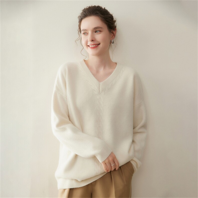 慵懒宽松~韩版山羊绒衫女减龄厚毛衣保暖2025秋冬V领针织羊毛粉色，女装羊绒衫，澳煜绒