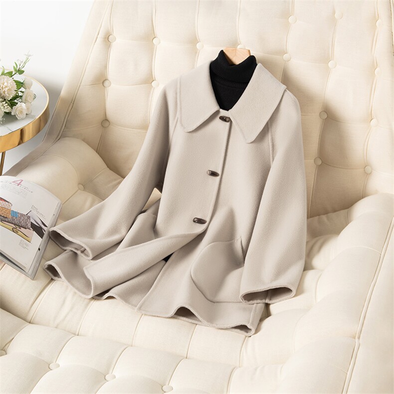 高端牛角宽松新款大衣羊毛外套小个子短款时尚修身双面呢秋冬，女装双面呢大衣，温鑫双面呢