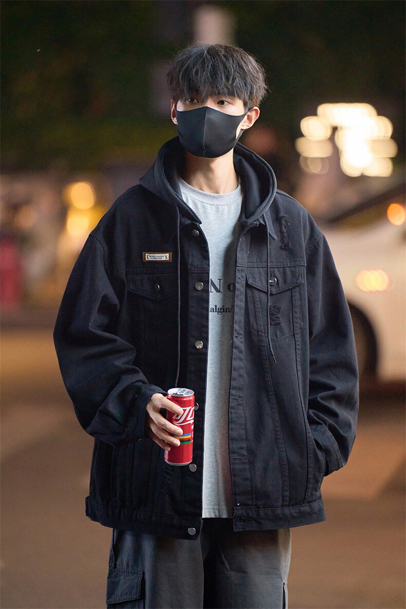 2025秋季男士港风大码假两件连帽牛仔夹克外套JK738-P80118,男装夹克,星座912-1（原星座914-5）