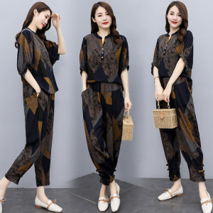 2025夏季新款休闲宽松显瘦中年妈妈亚麻两件套洋气减龄棉麻套装女，女装套装/套裙，千千佰惠