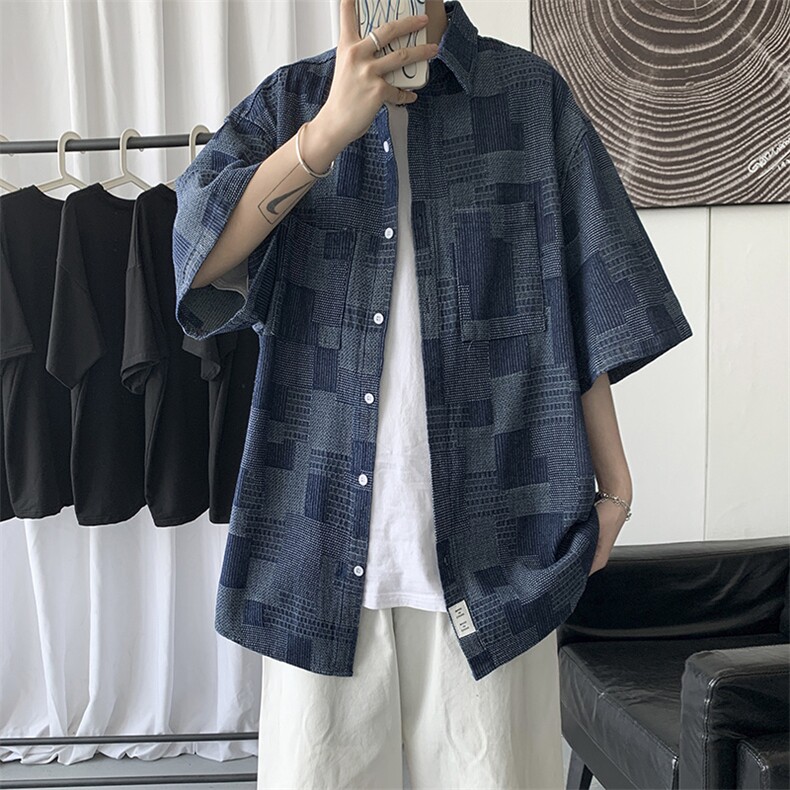 设计感格子牛仔衬衫男设计感小众日系复古短袖衬衣夏季C1118-p50,男装衬衫,星座1008