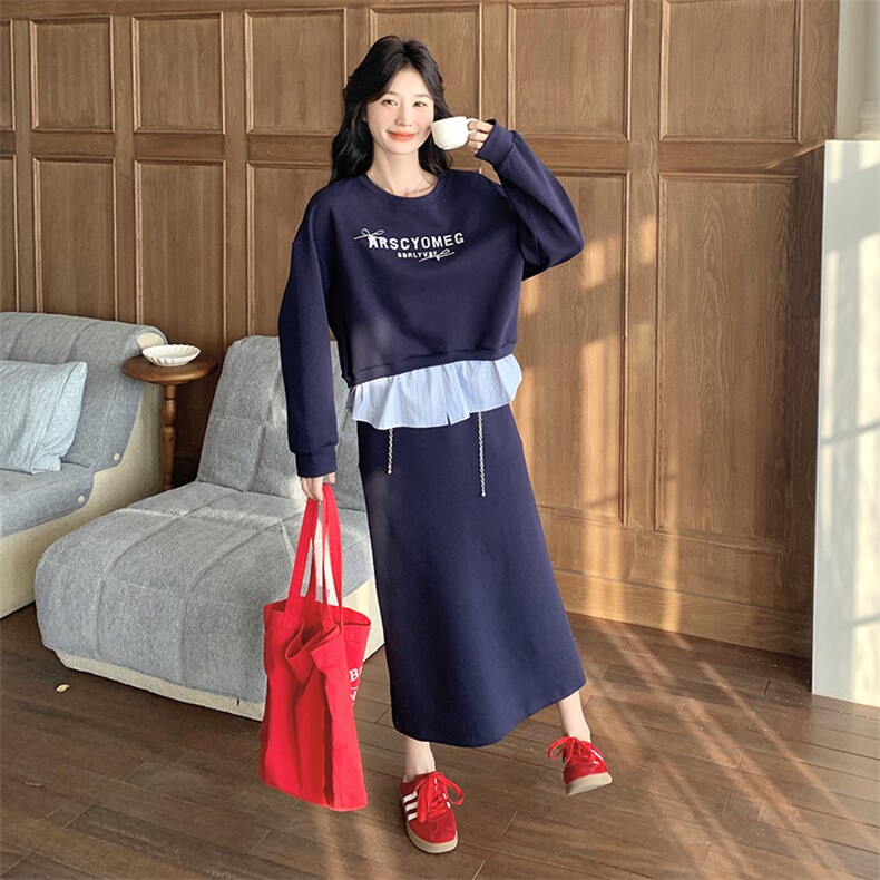 藏青色卫衣套装裙女春2025新款韩版印花长袖上衣A字半身裙两件套,女装套装/套裙,浙宝220