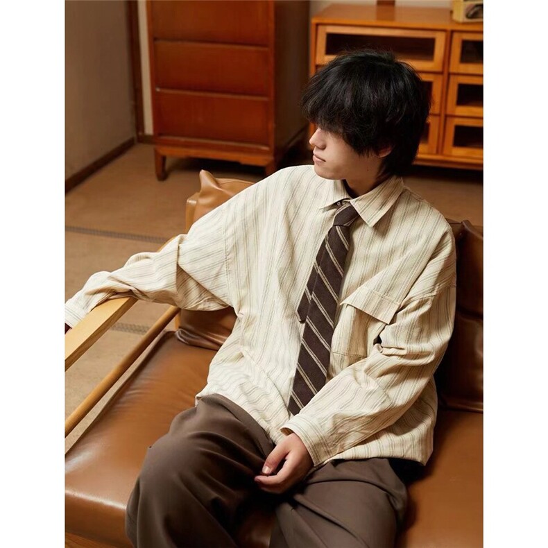 1506/QCS3850/P46美式复古条纹长袖衬衫男女学院风灯芯绒衬衣外套，男装衬衫，星座1506