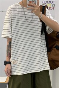 2021夏季港风新品男士宽松条纹短袖T恤星座405-T01图片