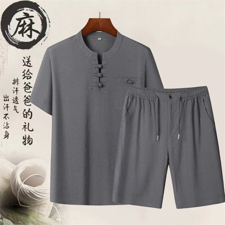 2026夏季亚麻短袖刺绣衬衫唐装男薄款短裤风套装CM7024B-P105图片