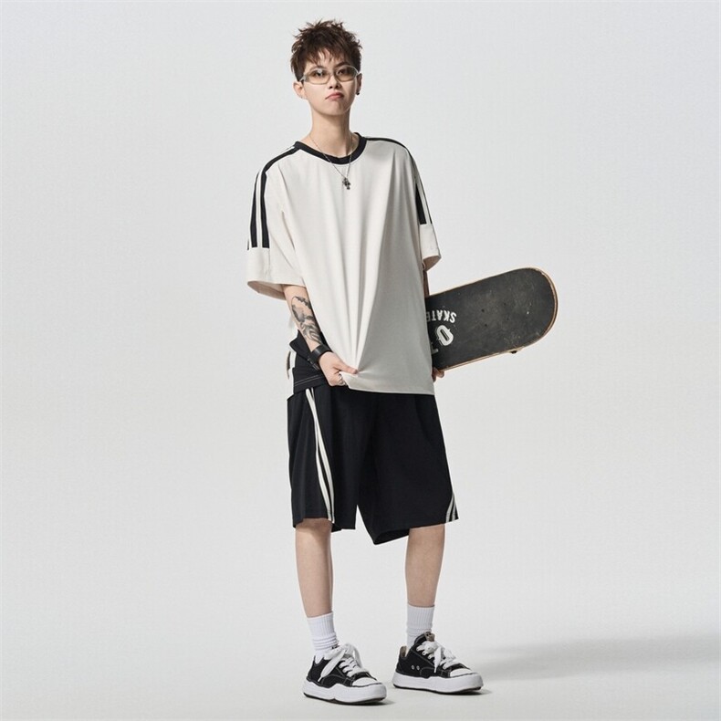 美式条纹短袖套装夏季休闲情侣T恤百搭宽松T恤A406TZ5068P65,男装T恤,星座309（原A406）