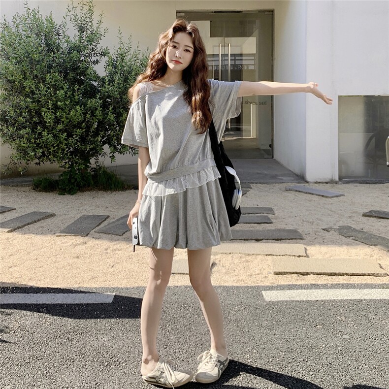 时尚浅灰色减龄日系套装女2025夏季蕾丝露肩上衣花苞半身裙两件套,女装套装/套裙,浙宝217