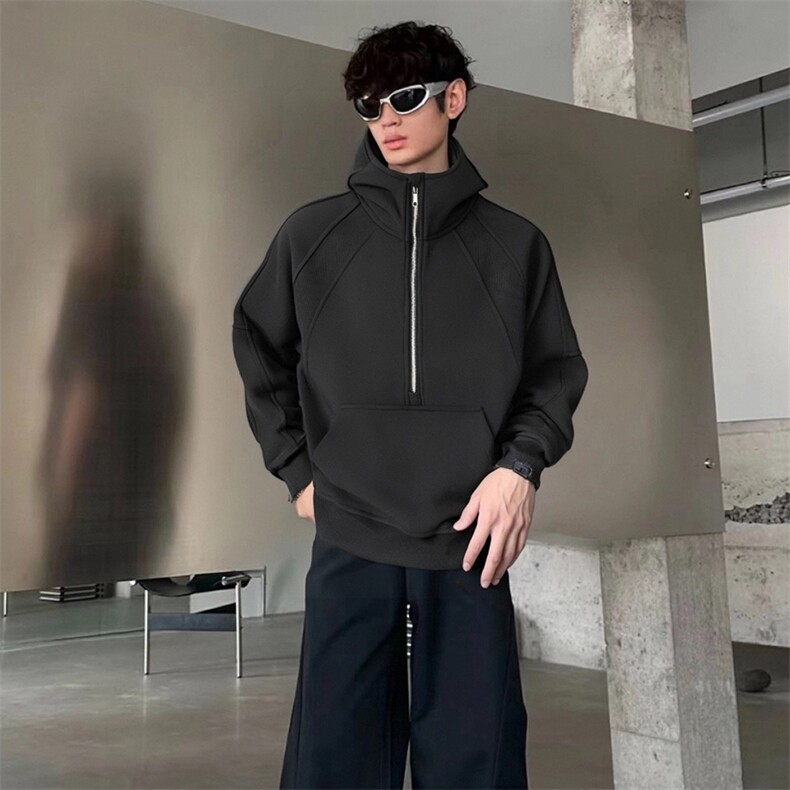抖音得物二开美式重磅宽松结构拉链设计防风高领连帽卫衣外套W76，男装卫衣，电商A486